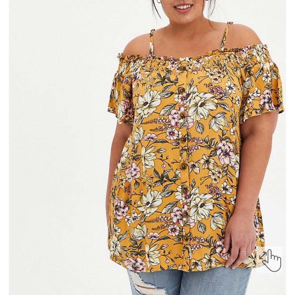 TORRID YELLOW FLORAL GAUZE SMOCKED COLD SHOULDER BLOUSE
